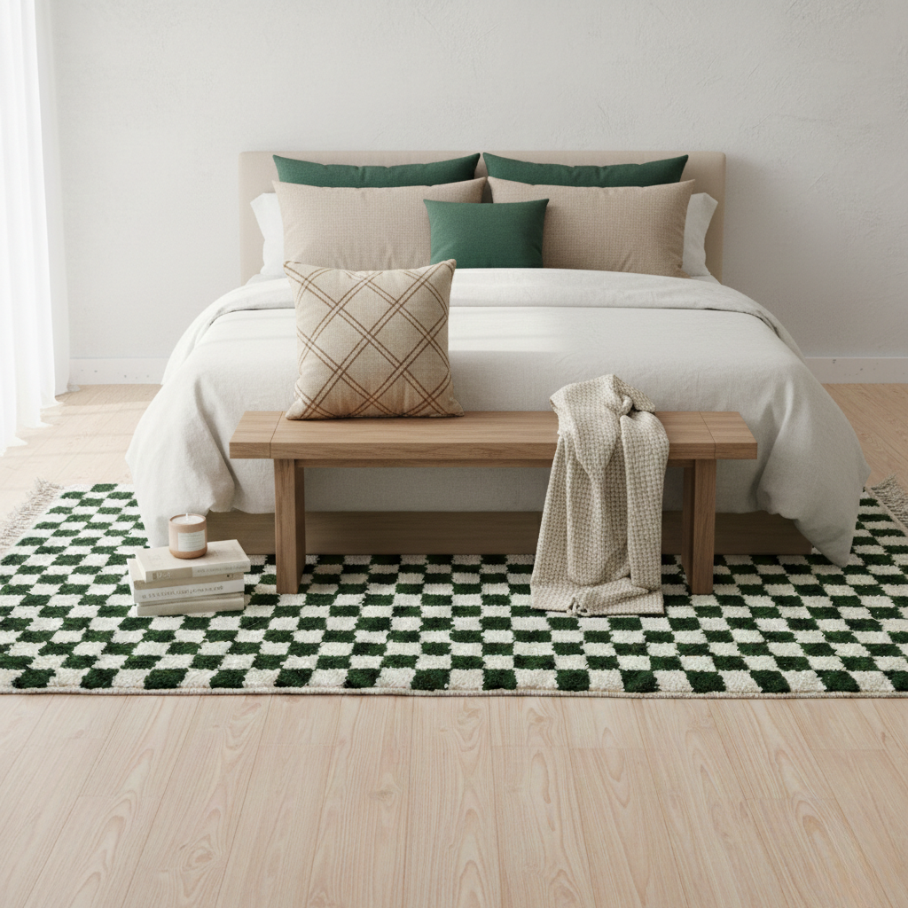 Tapis Berbère en laine Damier vert et blanc