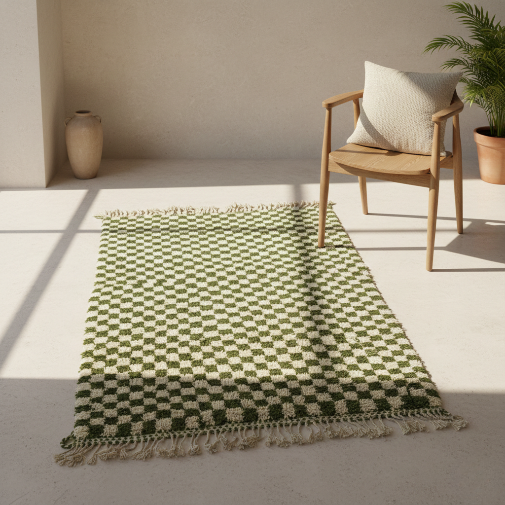 Tapis Berbère en laine Damier vert et blanc