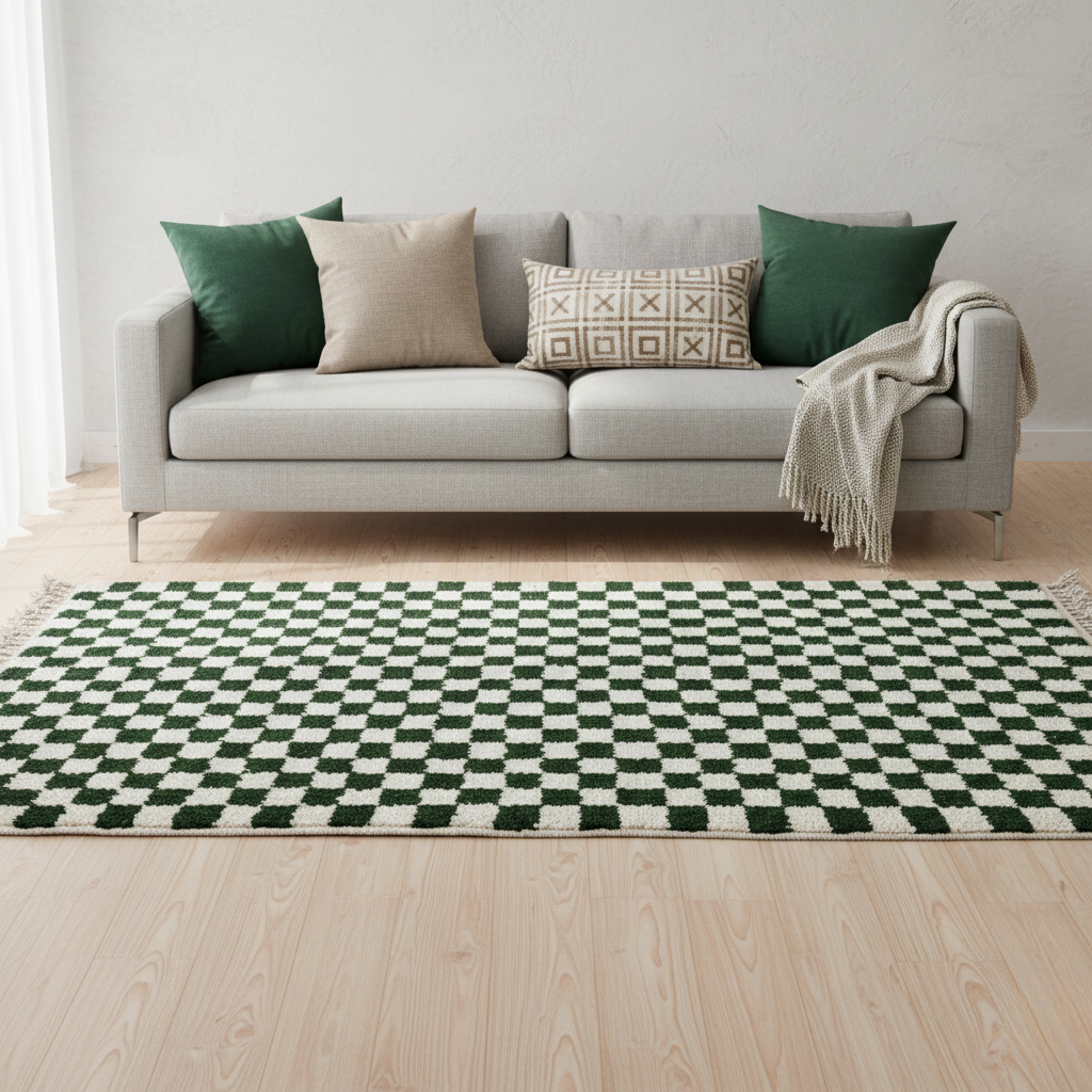 Tapis Berbère en laine Damier vert et blanc
