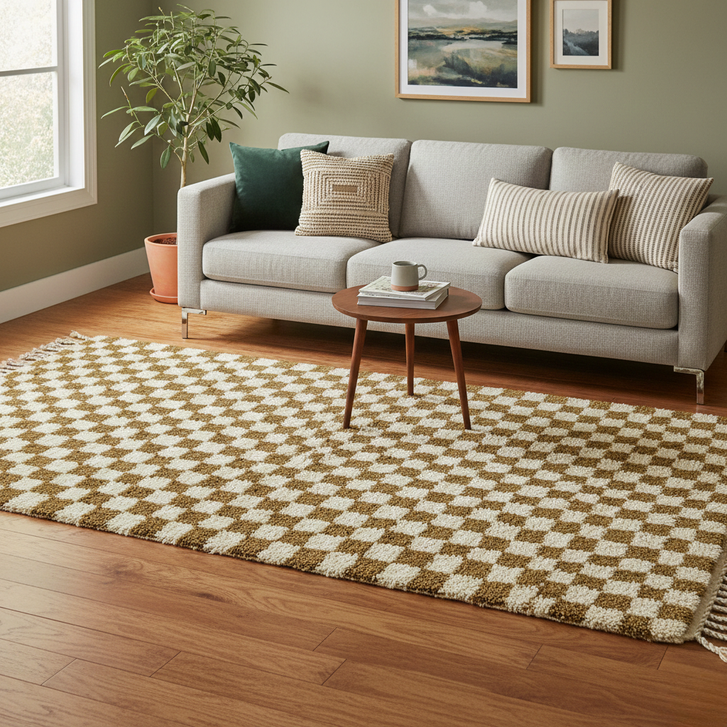 Tapis Berbère en laine damier Camel et blanc