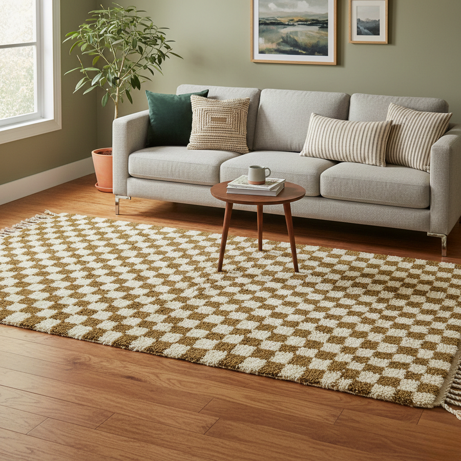 Tapis Berbère en laine damier Camel et blanc