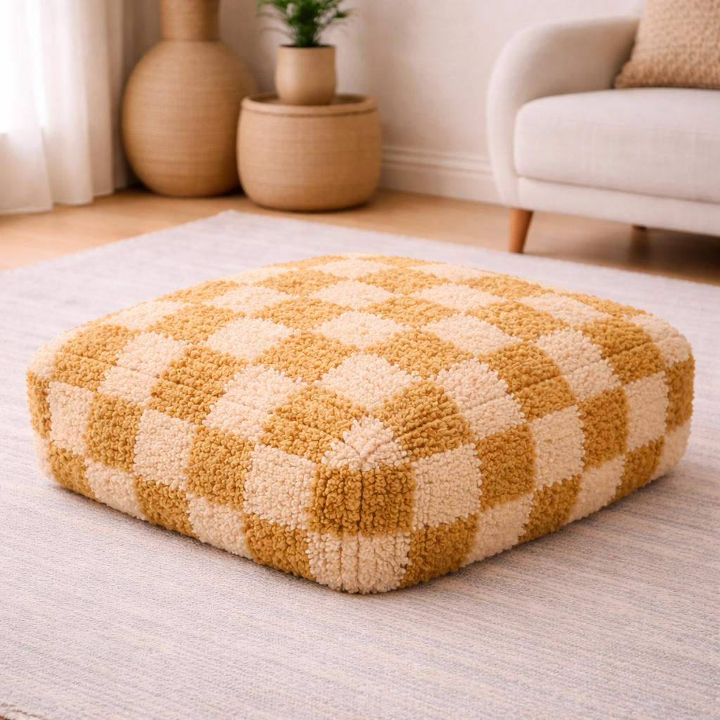 Pouf Béni Ouarain - Damier moutarde
