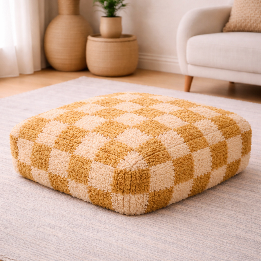 Pouf Béni Ouarain - Damier moutarde