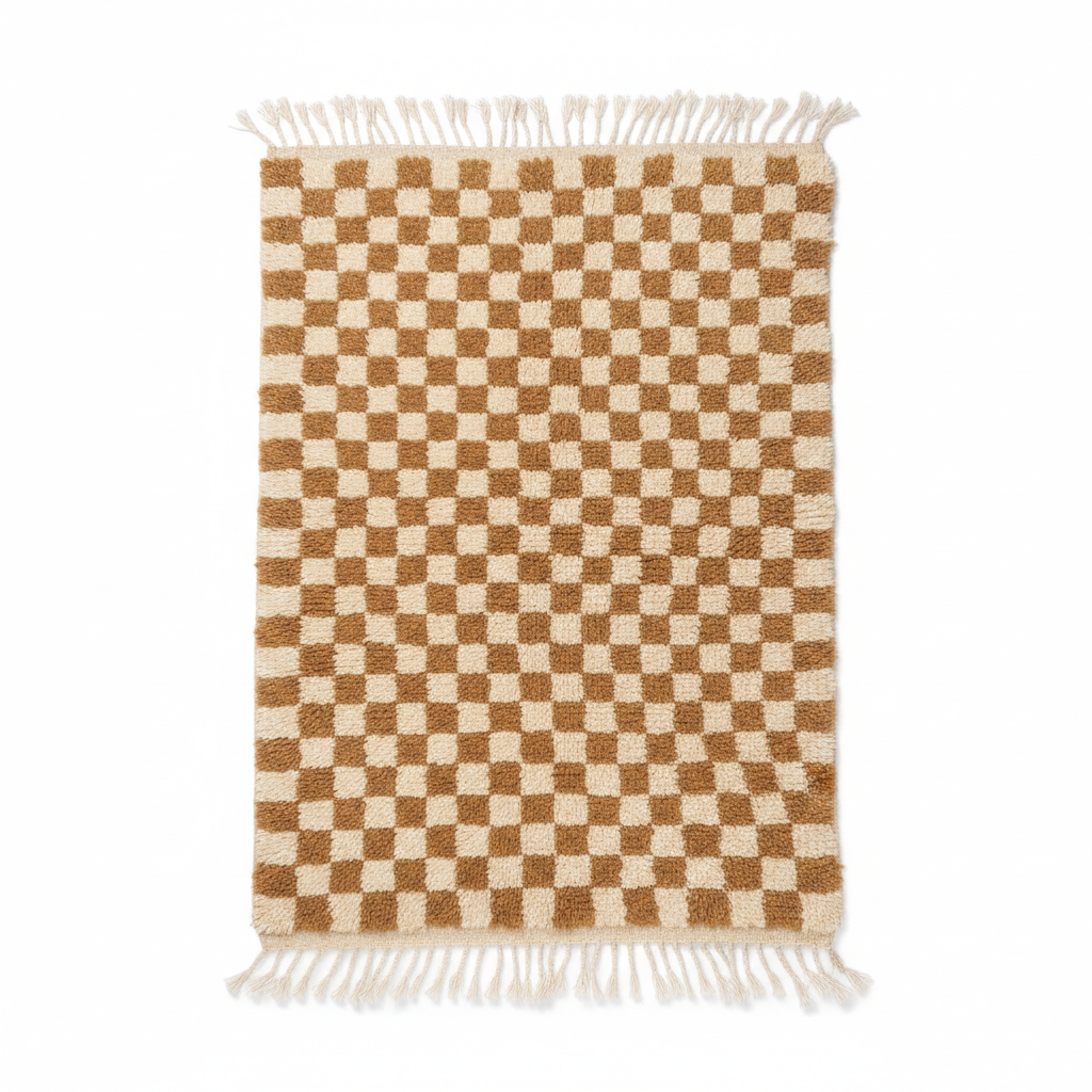 Tapis Berbère en laine Damier camel et blanc